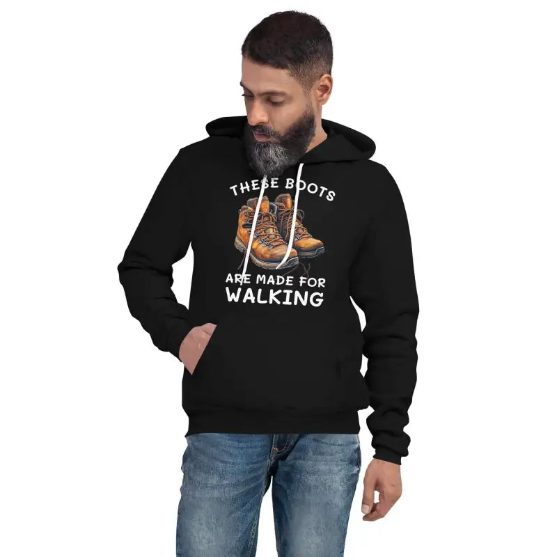 Fun hiker’s hoodie in black featuring quirky hiking boots design and catchy text