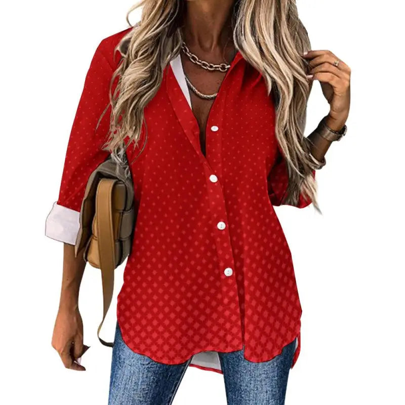 Vibrant red polka dot shirt with V-neck and irregular hem, perfect for fun days out