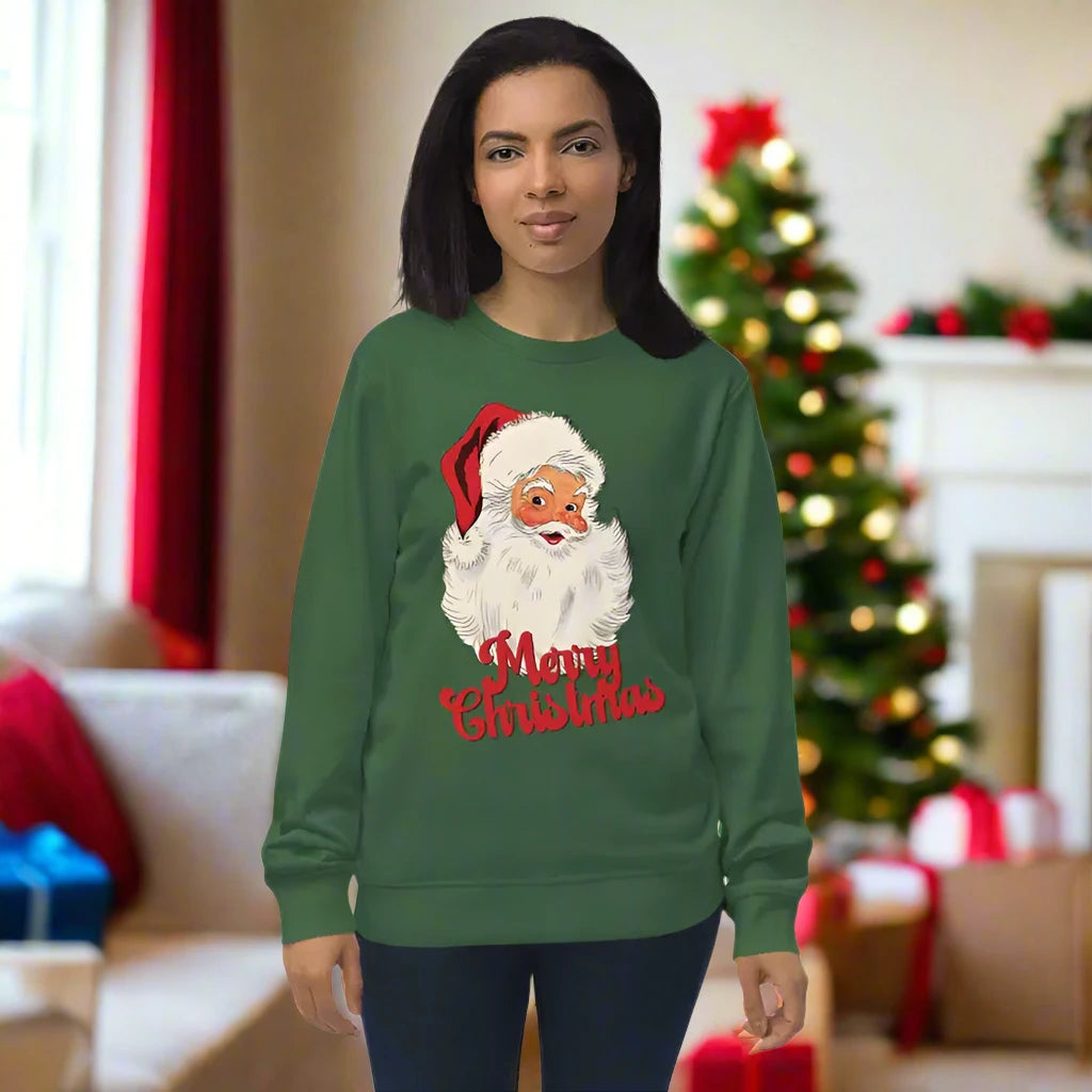 Green Retro Santa Holiday Sweatshirt with Santa face and Merry Christmas text