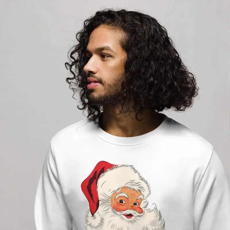 Man with curly hair in a white Retro Santa Holiday Sweatshirt with Santa graphic