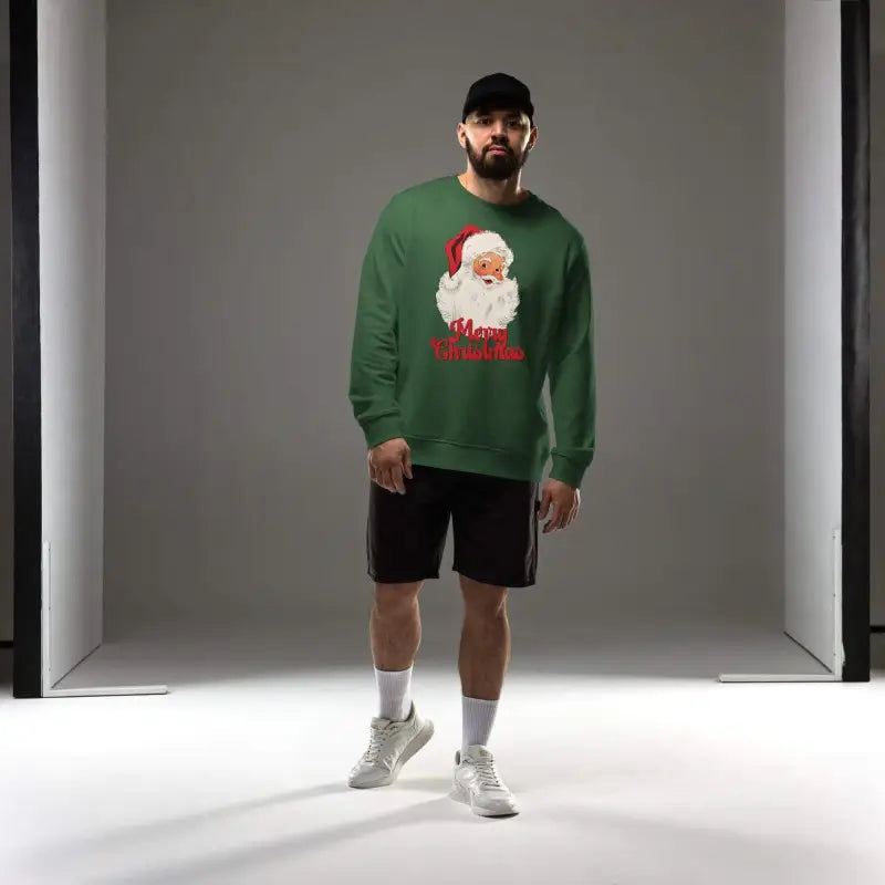 Man in a green Retro Santa Holiday Sweatshirt featuring Santa’s face