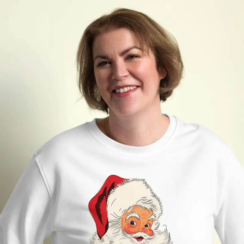 Smiling woman in a Retro Santa Holiday Sweatshirt with a fun Santa face design