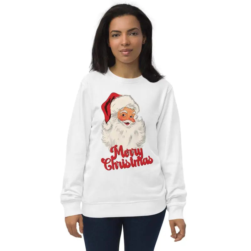 White Retro Santa Holiday Sweatshirt with Santa face and Merry Christmas design