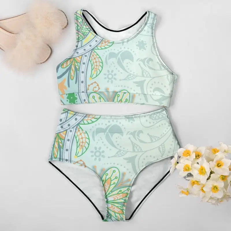 Mint green two piece bikini featuring ladies abstract floral and leaf patterns
