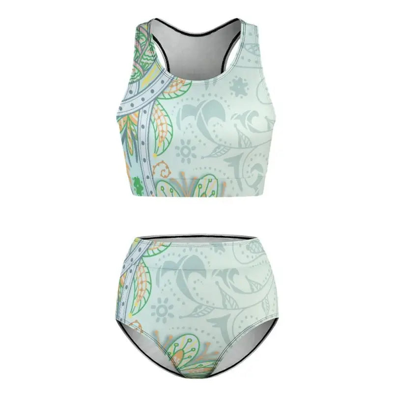 Two piece bikini featuring soft green and yellow paisley floral design for beach vibes