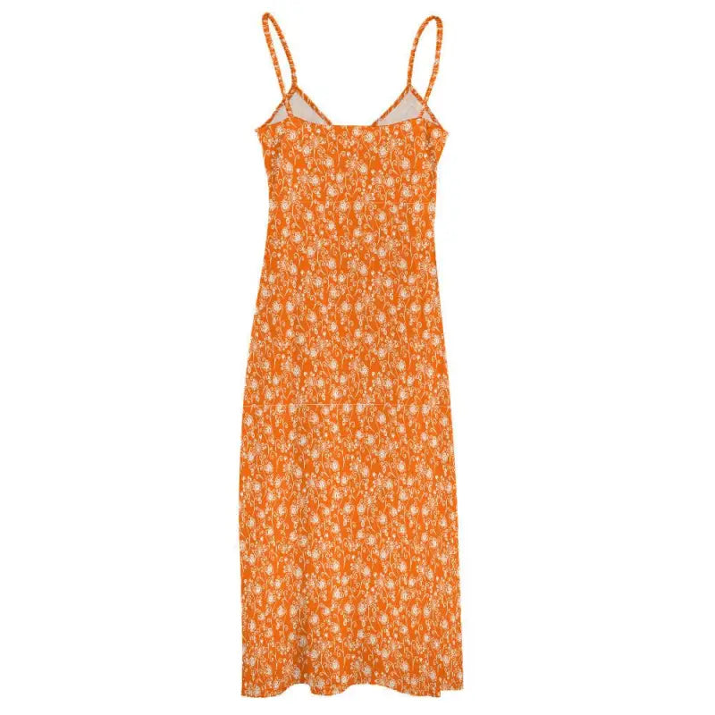 Cute orange floral ankle sundress with thin straps, perfect for sunny days and style
