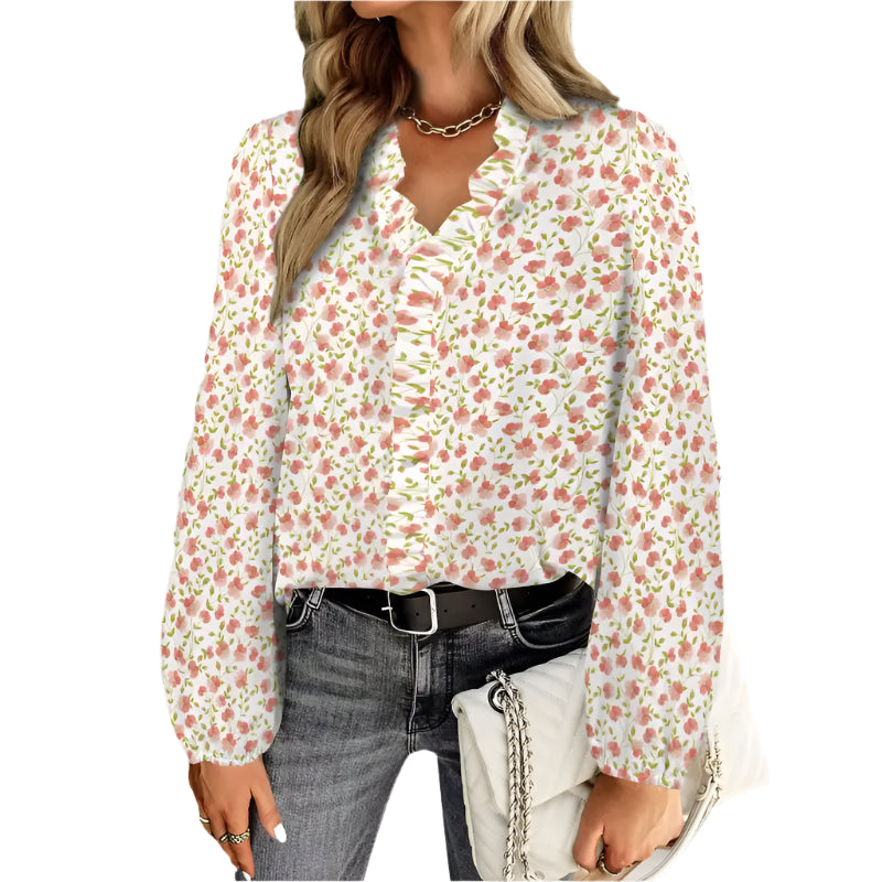 Floral blouse with long sleeves and v-neck, perfect for rocking that peach floral look