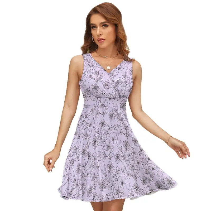 Sleeveless lavender dress with floral pattern and flared skirt, perfect for ladies sleeveless purple vibes
