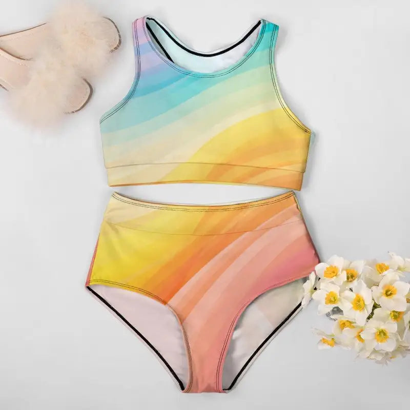 Pastel rainbow ladies multicolor two piece bikini set perfect for beach vibes