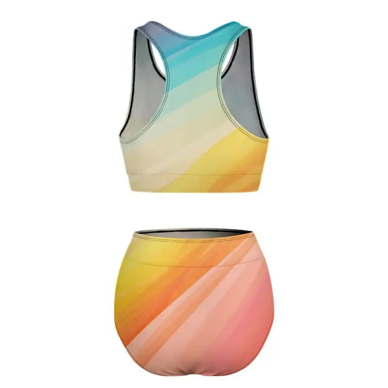 Ladies multicolor two piece bikini with a vibrant gradient rainbow design