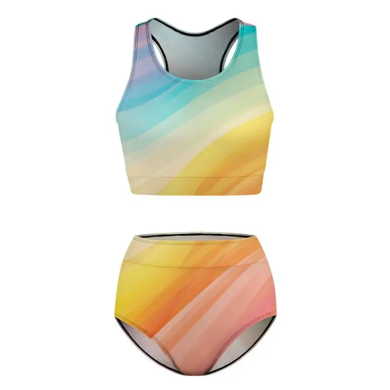 Vibrant multicolor two piece bikini swimsuit perfect for rocking the beach vibes