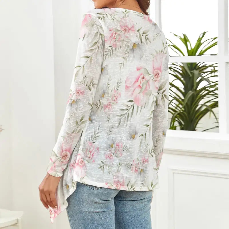 Sassy Pink Floral Knitted Cardigan with long sleeves and an asymmetrical hem for women