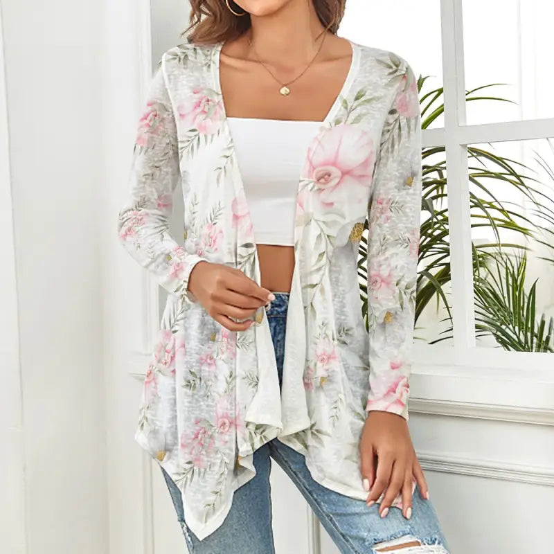 Floral print open-front cardigan showcasing a sassy pink floral knitted design for women