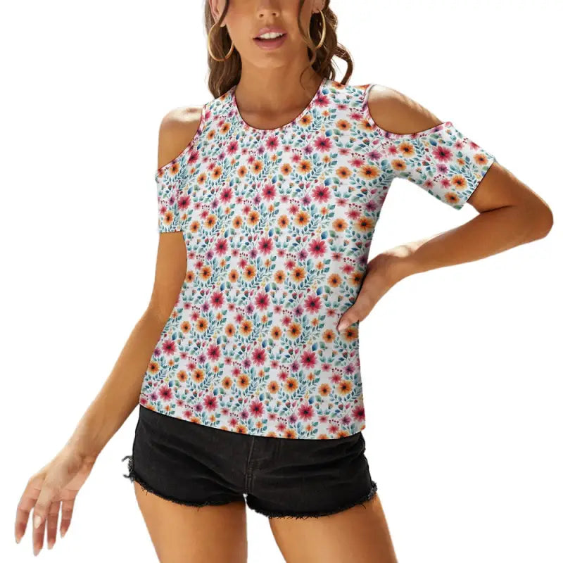 Floral cold shoulder top with short sleeves perfect for trendy summer vibes