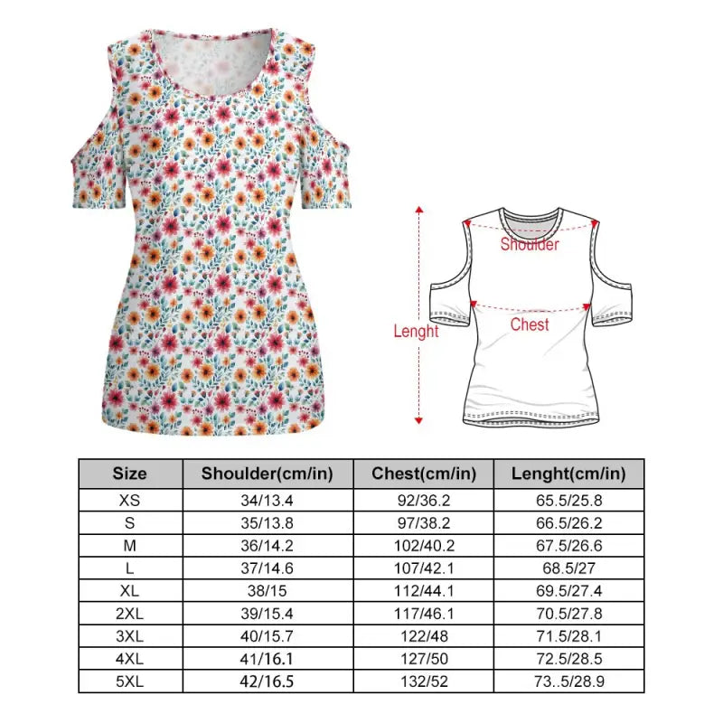 Floral cold shoulder top with size chart for stylish women’s floral cold looks