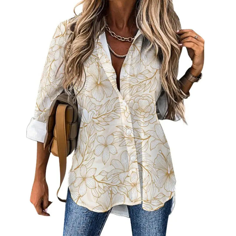 Floral print button-up blouse with rolled sleeves in women’s gold floral style