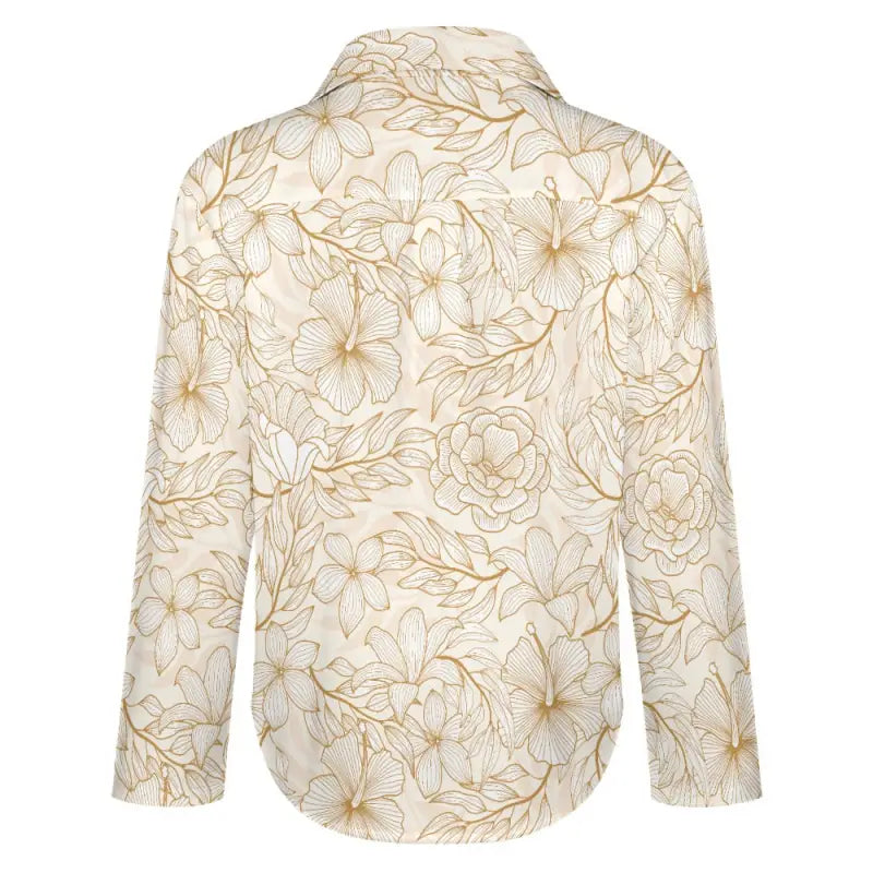 Cream and gold floral print oversize button-up shirt for women’s party style