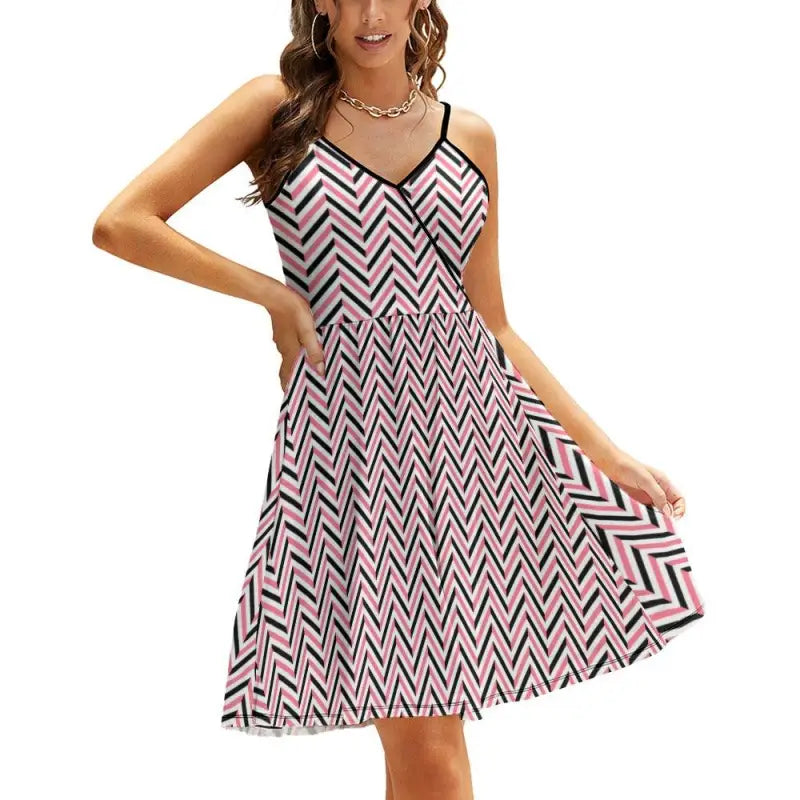 Sleeveless women’s chevron slip dress in pink, black, and white for a fab summer look