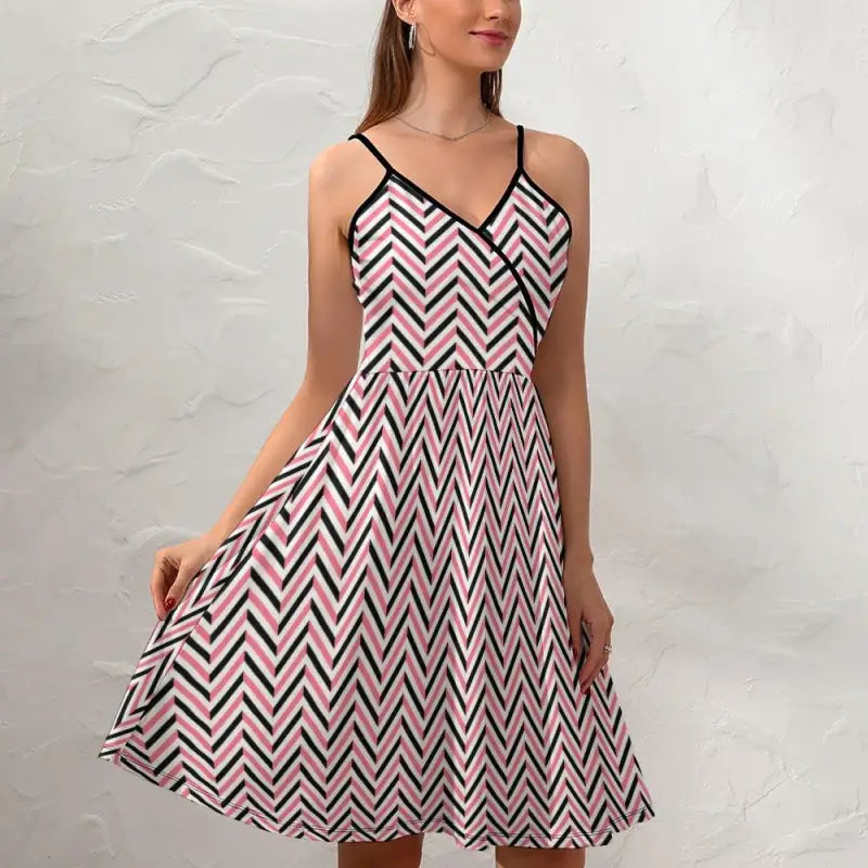 Sleeveless women’s chevron slip dress in pink, black, and white perfect for summer fun