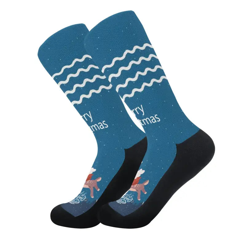 Pair of blue Reindeer Rave Custom Christmas Crew Socks bringing holiday spirit alive