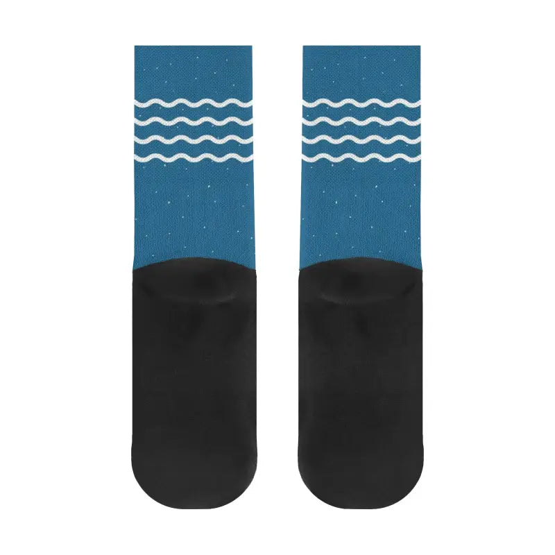 Blue and black socks with wavy lines from Custom Christmas Crew Socks for holiday spirit