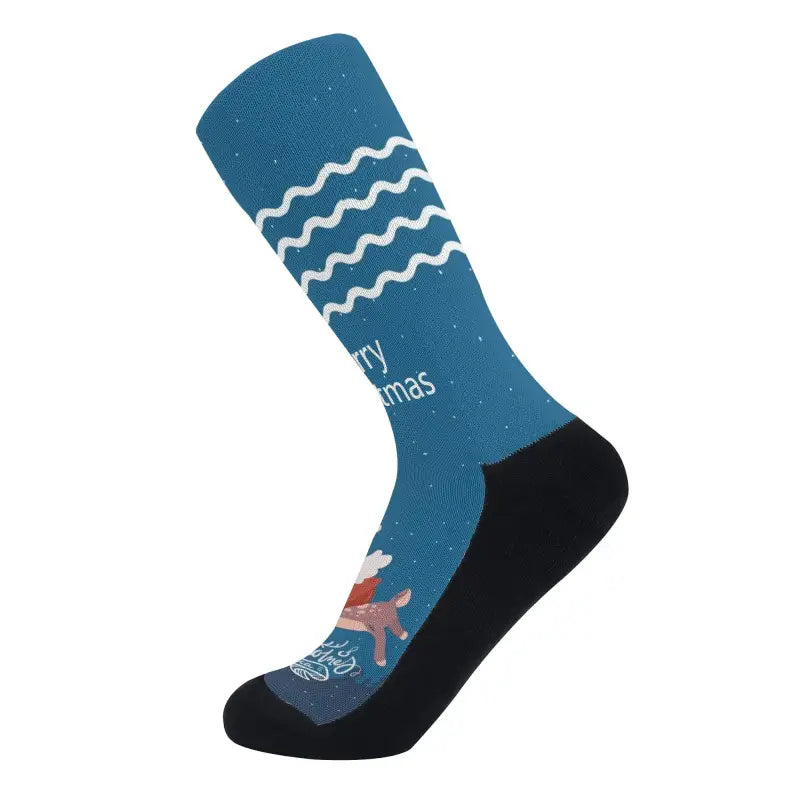 Blue Christmas-themed sock with wavy patterns and reindeer design for holiday spirit