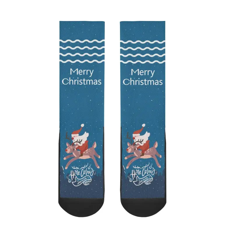Pair of blue custom Christmas crew socks featuring a cartoon dog in a Santa hat, perfect for holiday spirit