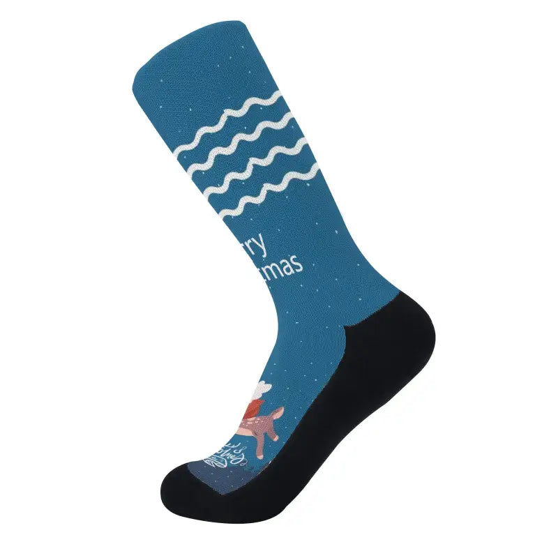 Blue sock featuring wave patterns and an octopus design for custom Christmas crew socks