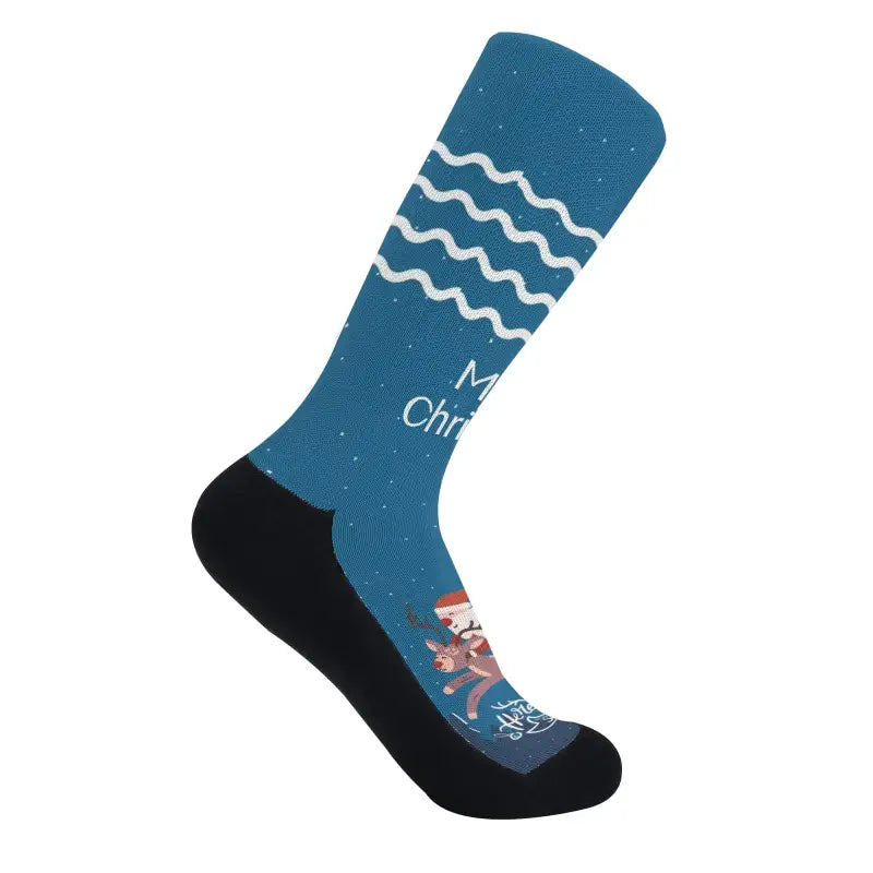 Blue sock with wavy patterns and cartoon design for custom Christmas crew socks personalized