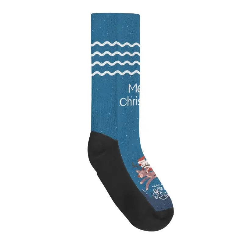 Blue Christmas sock with reindeer design for custom Christmas crew socks to rock the holiday spirit