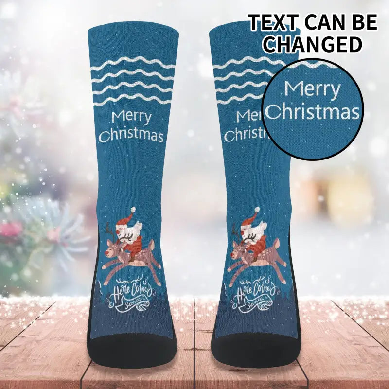 Blue custom Christmas crew socks with a reindeer design to rock the holiday spirit