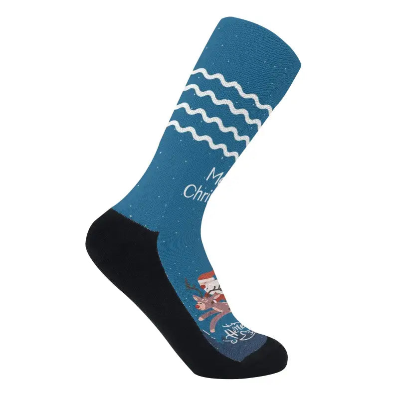 Blue and black Reindeer Rave Custom Christmas Crew Socks bringing holiday spirit fun