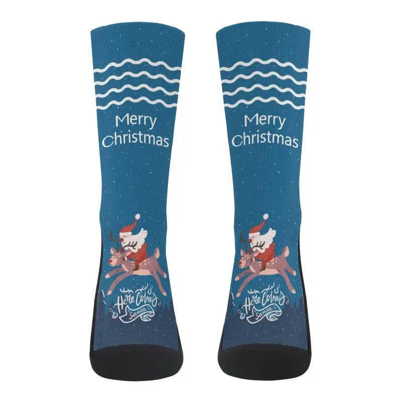 Blue Christmas-themed socks with reindeer for the ultimate holiday spirit vibe