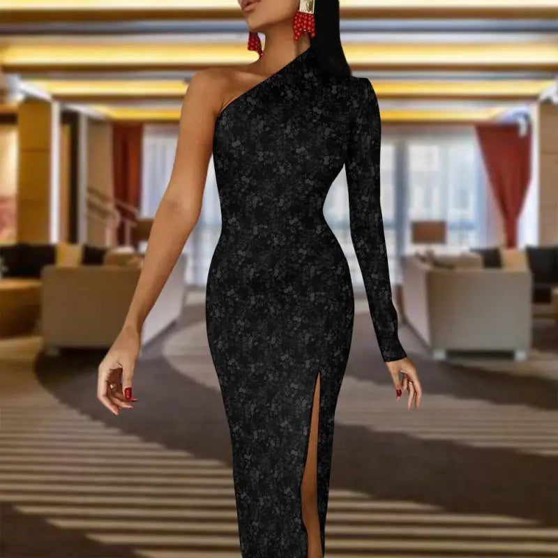 Elegant one shoulder cocktail dress in black, perfect for a formal wedding guest look