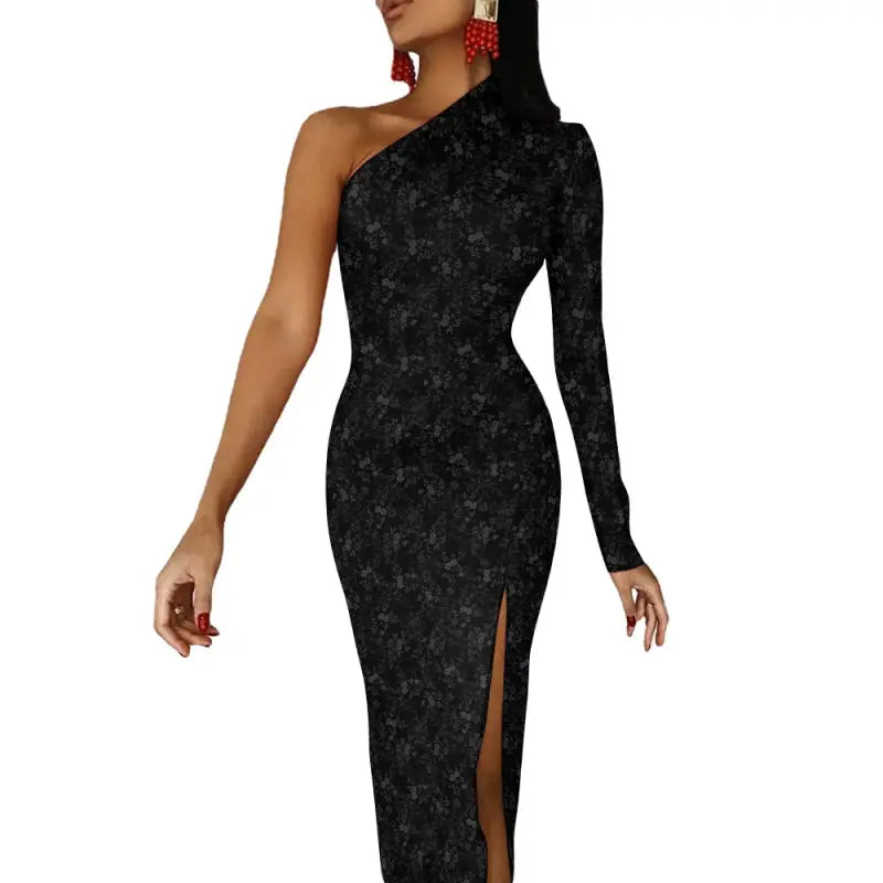 Stunning black one shoulder cocktail dress with floral texture and side slit, perfect for weddings