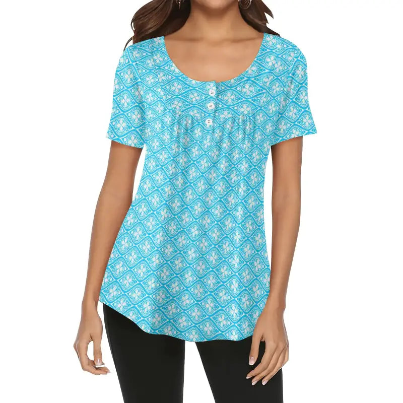 Turquoise floral print short sleeve blue boho print blouse with scoop neckline and buttons