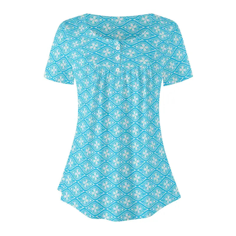 Turquoise patterned short sleeve blue boho print blouse with button placket style
