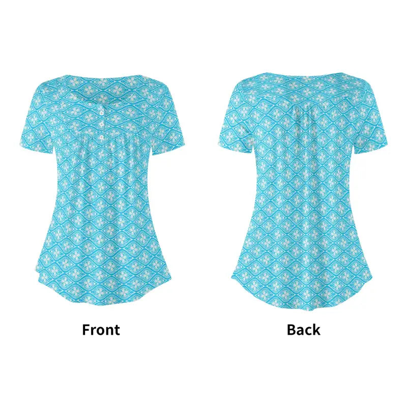 Turquoise floral print women’s short sleeve blue boho print blouse, front and back views