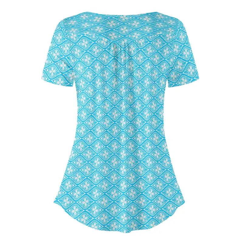 Turquoise short-sleeved boho print blouse with white geometric pattern for a chic look