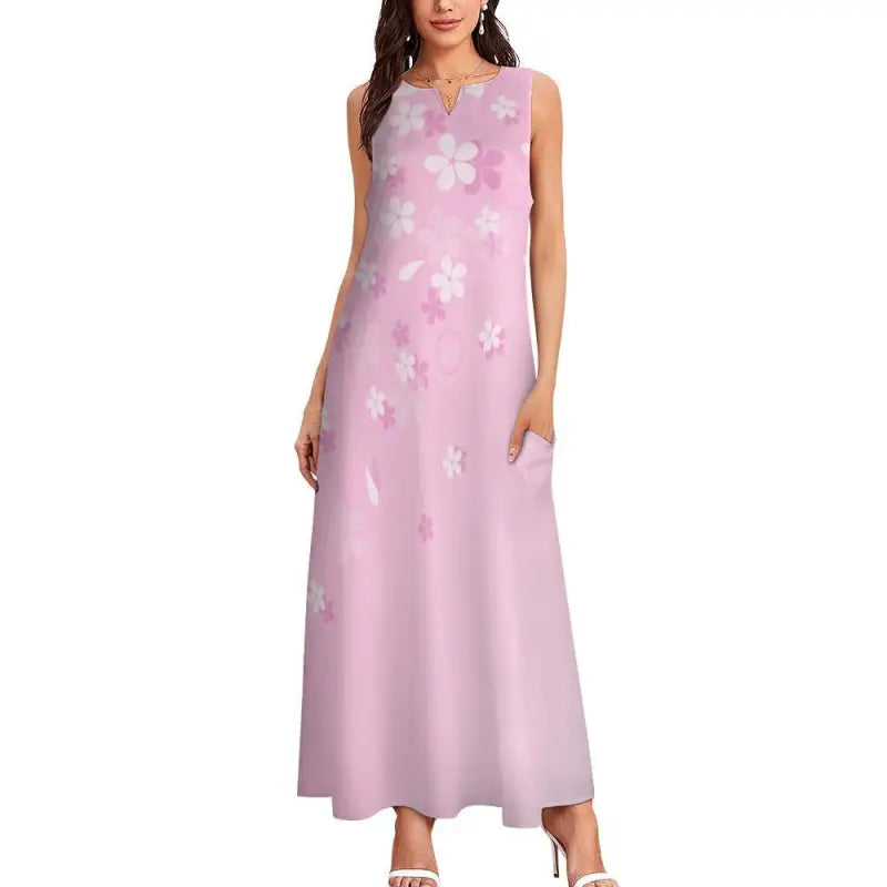 Pink floral sleeveless maxi dress with secret pocket powers for stylish comfort