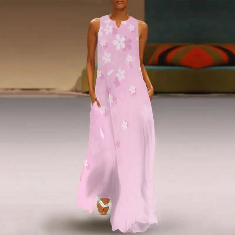 Long pink floral sleeveless dress with cute butterfly patterns and secret pockets