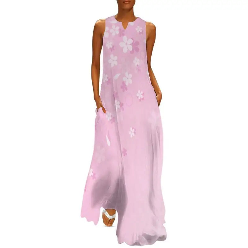 Long pink floral sleeveless maxi dress with pockets for effortless style and comfort