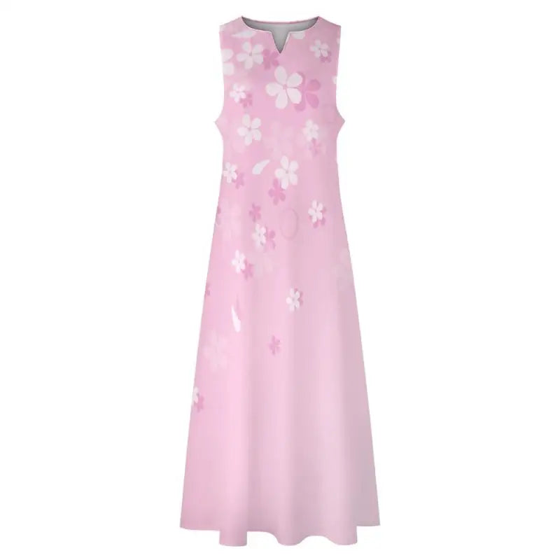 Pink floral sleeveless dress with white patterns and hidden pocket powers