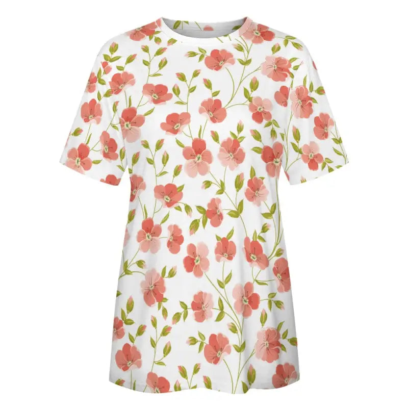 Floral t-shirt for women featuring white fabric with pink flowers and green leaves