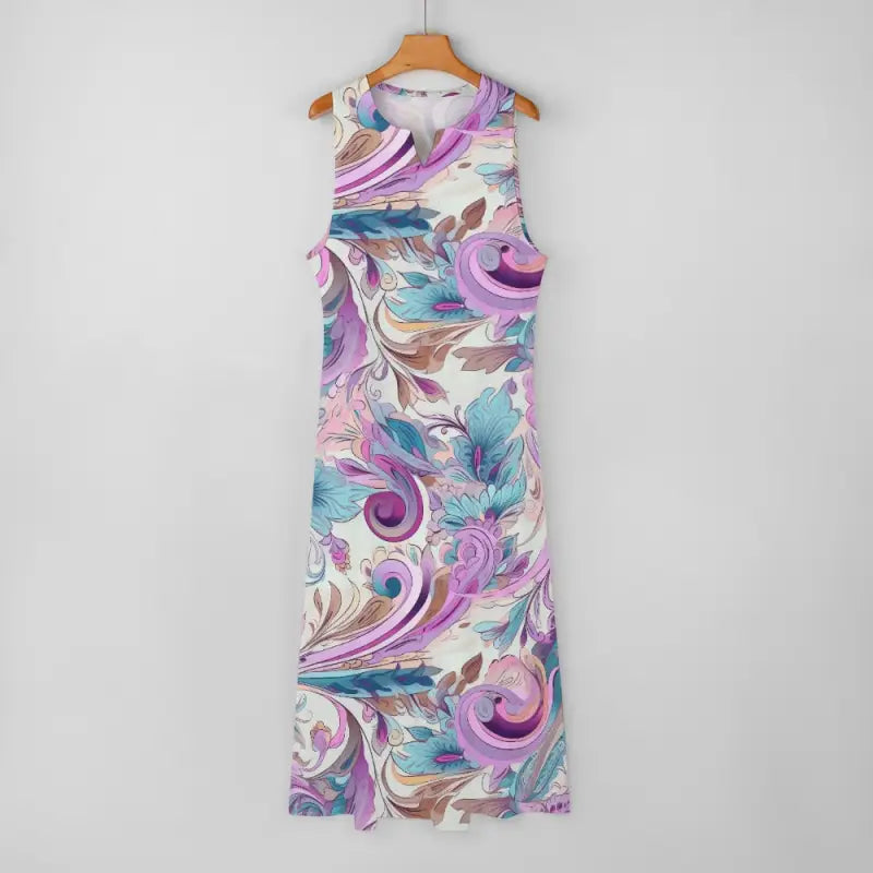 Boho sleeveless maxi dress featuring a floral print in purple, blue, and brown