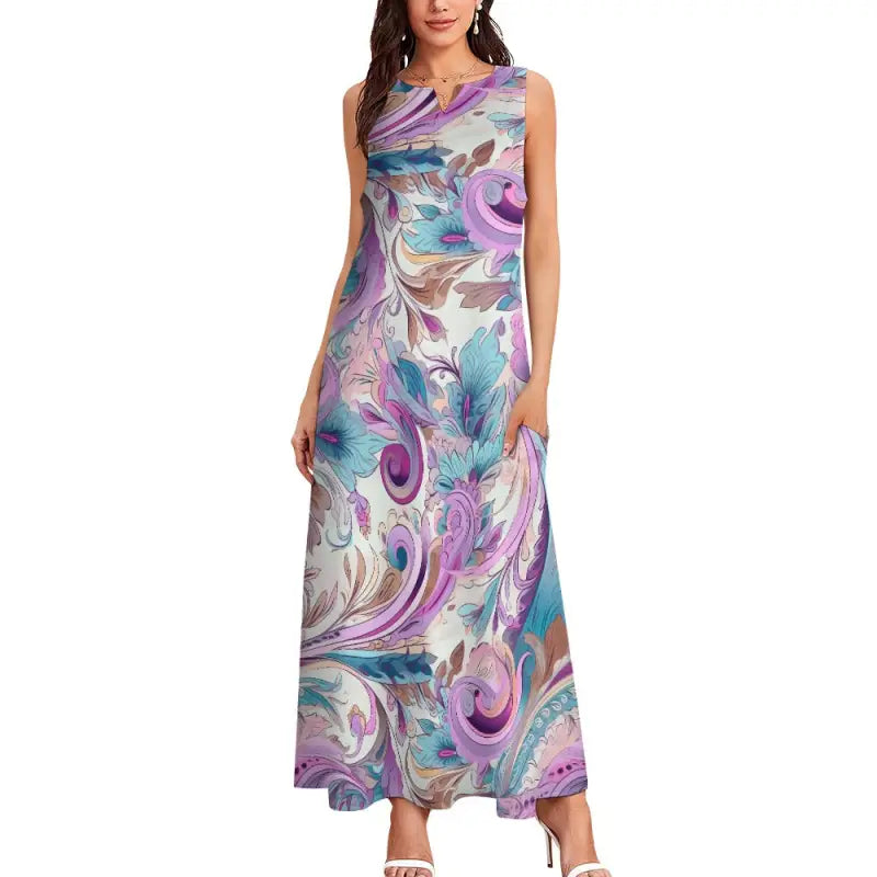 Boho sleeveless maxi dress with purple, blue, and white abstract print pattern