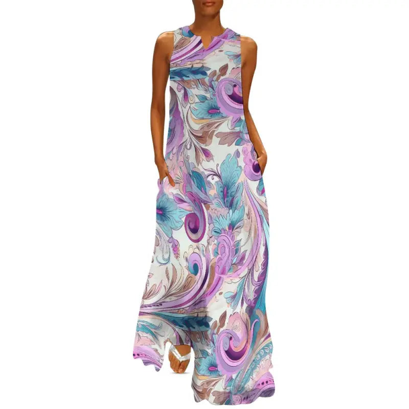 Stylish boho sleeveless maxi dress with purple, blue, and white abstract print