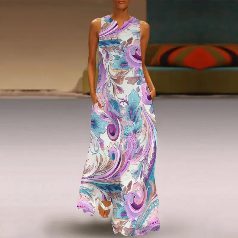Boho sleeveless maxi dress with dreamy purple, blue, and white abstract print