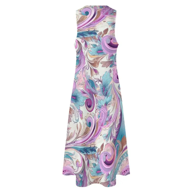 Sleeveless maxi dress in swirling purple, blue, and pink marble pattern for boho vibes