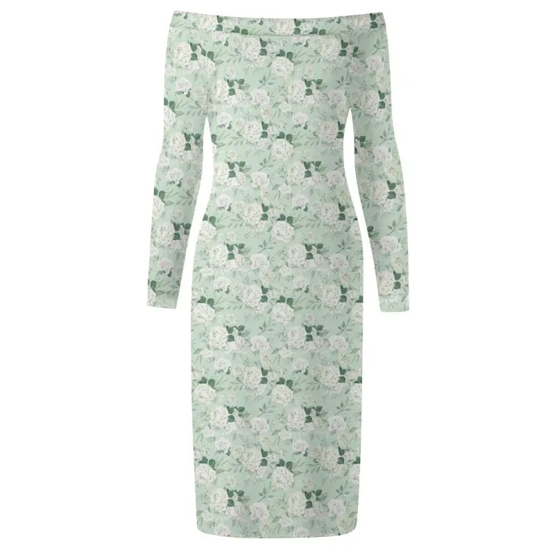 Sage Green Floral Dress featuring an off-the-shoulder design and long sleeve fitted style